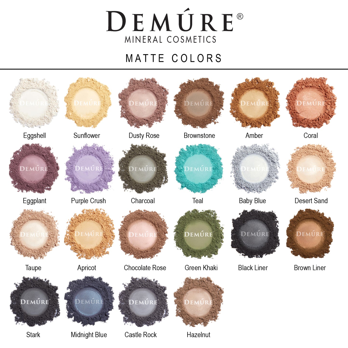 Photo of samples of Demure's mineral cosmetics "Matte Colors" product line in various shades, including taupe, apricot, chocolate rose, green khaki, black liner, stark, midnight blue, etc.