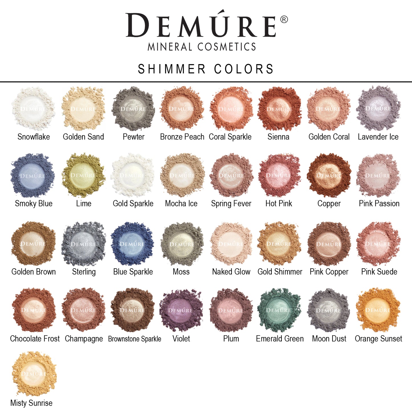 Photo of samples of Demure's mineral cosmetics "Shimmer Colors" product line in various shades, including Mocha ice, hot pink, copper, pink passion, smoky blue, lime, golden sand, etc.