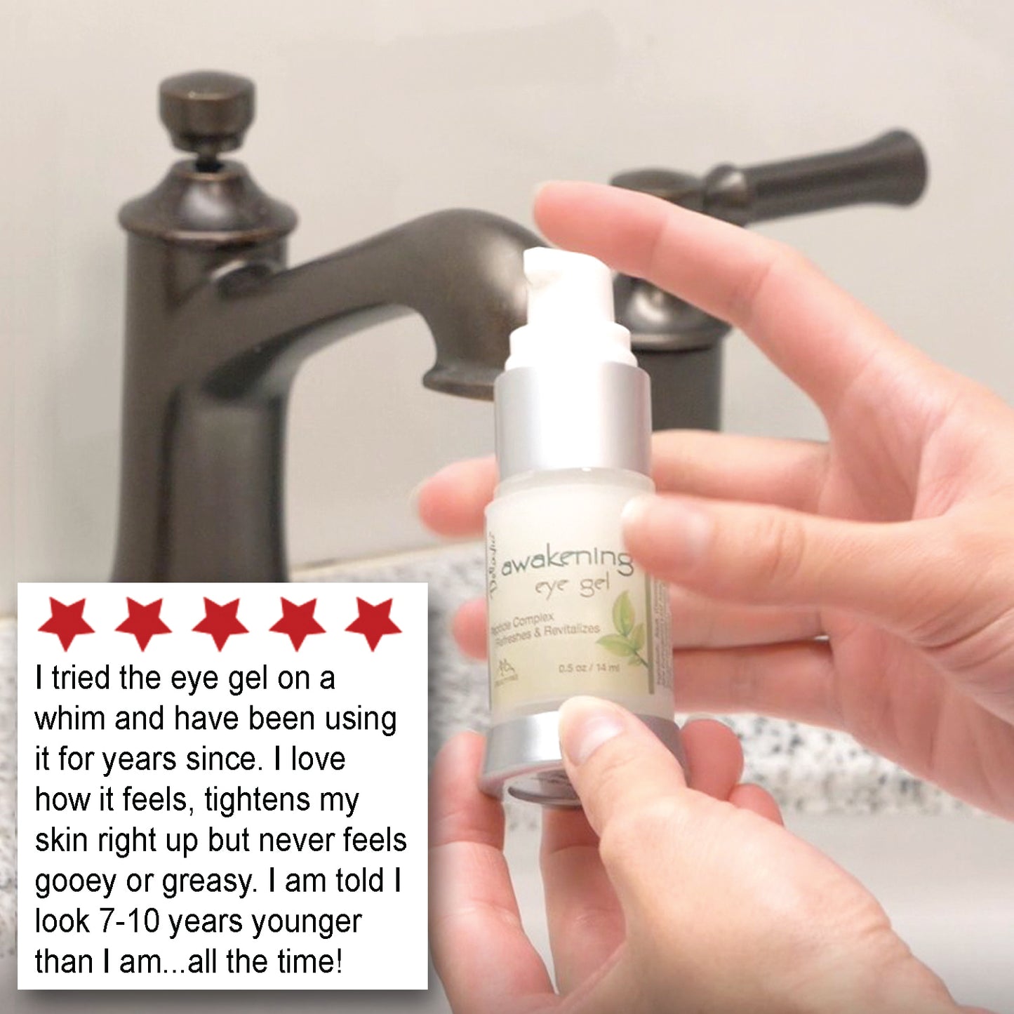 A woman holding the pump of a Deluvia Awakening Eye Gel by a sink, and a customer testimonial in the corner