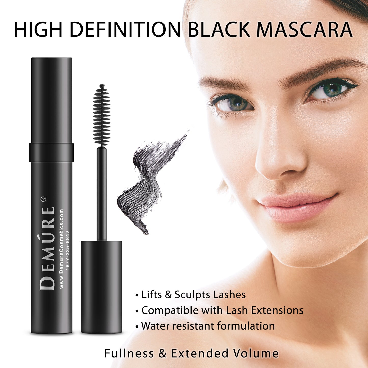 Woman Demure High Def Black Mascara with tube, applicator and swatch in the foreground