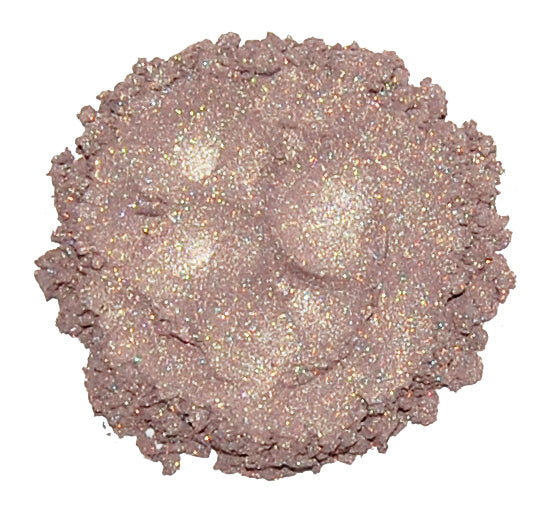 Swatch of a light frosted metallic gold mineral eye color powder.