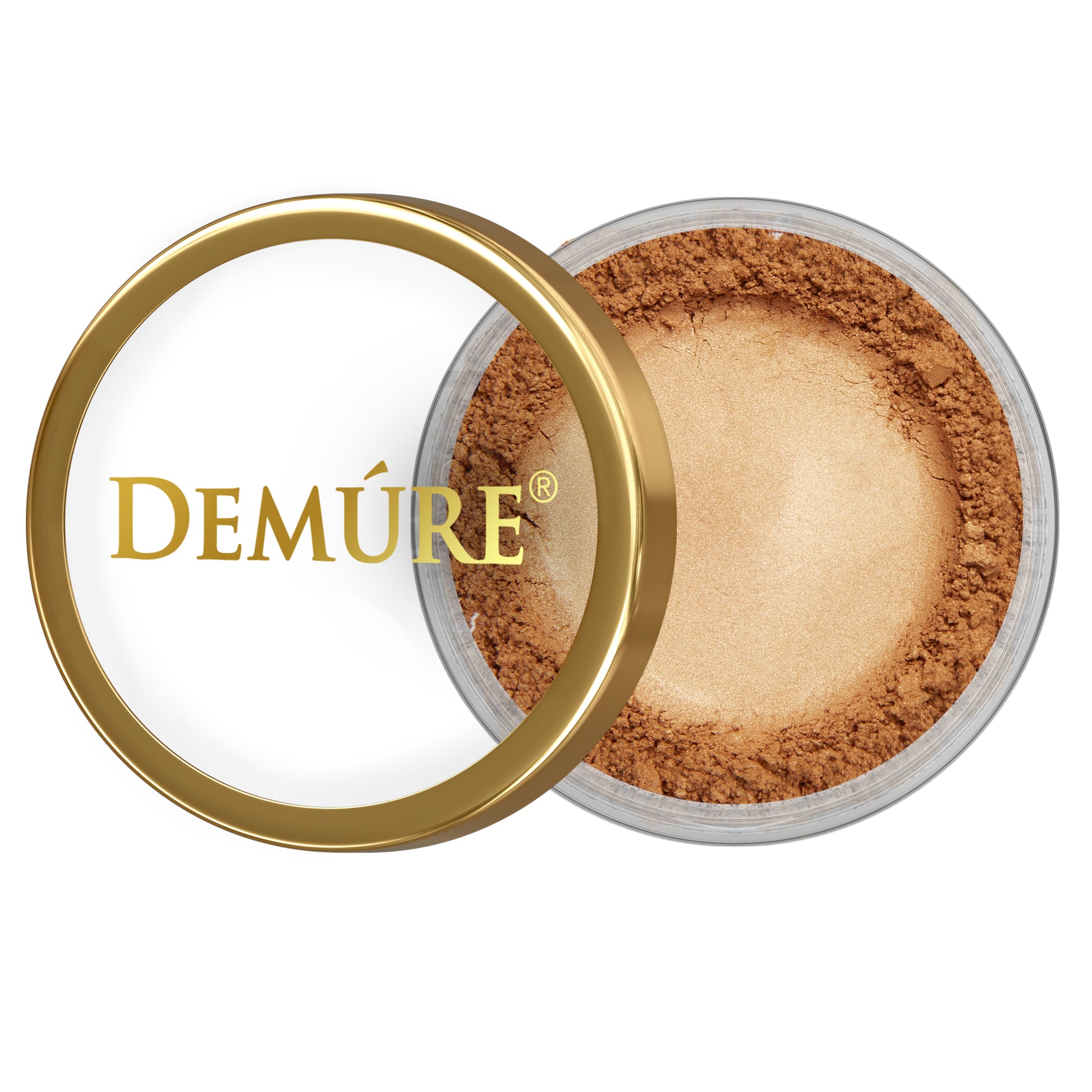 Open container of Demure Amber eye color with gold lid on a white background
