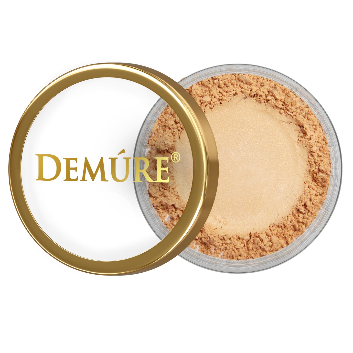 Open container of Demure Apricot eye color with gold lid on a white background