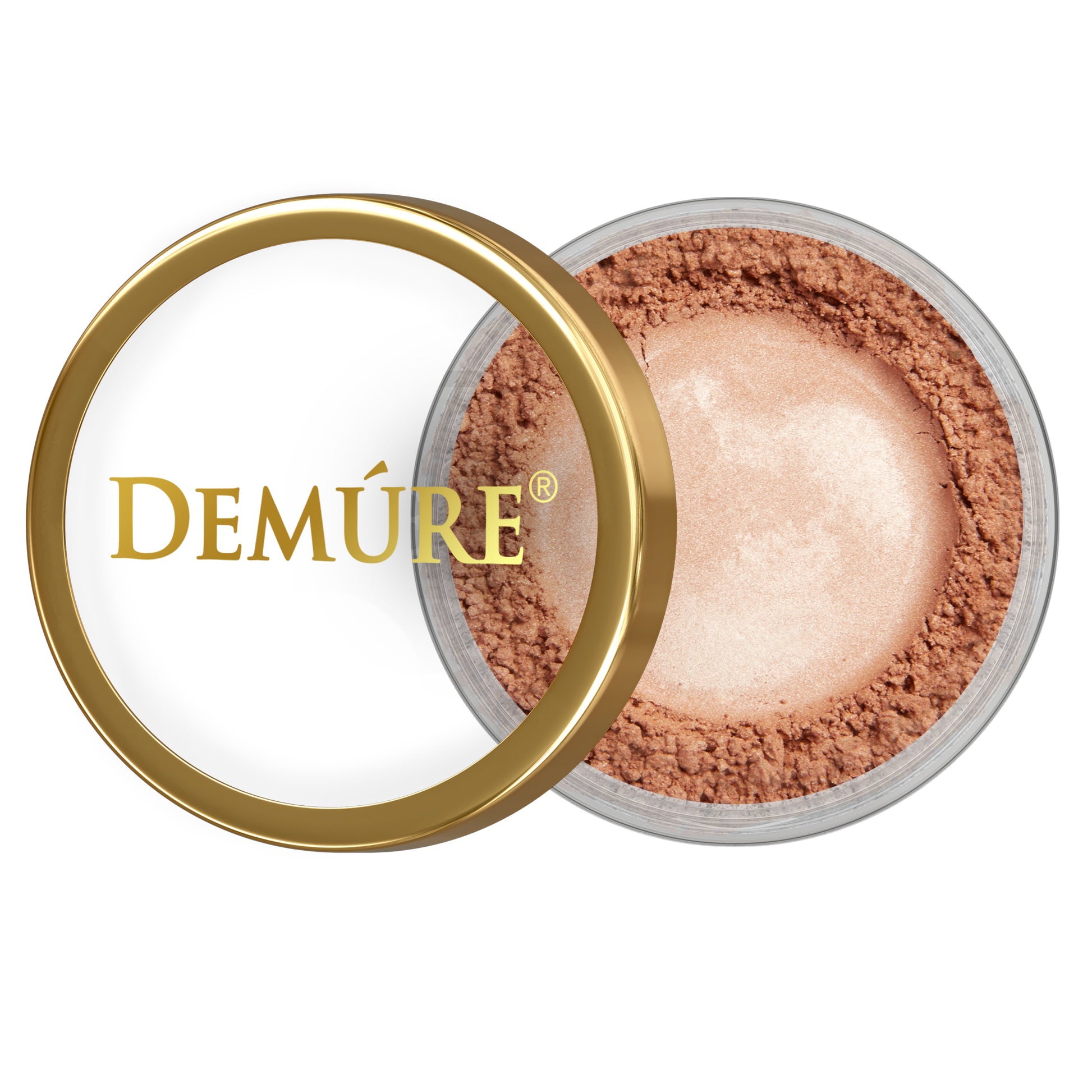 Open container of Demure Bronze Peach eye color with gold lid on a white background