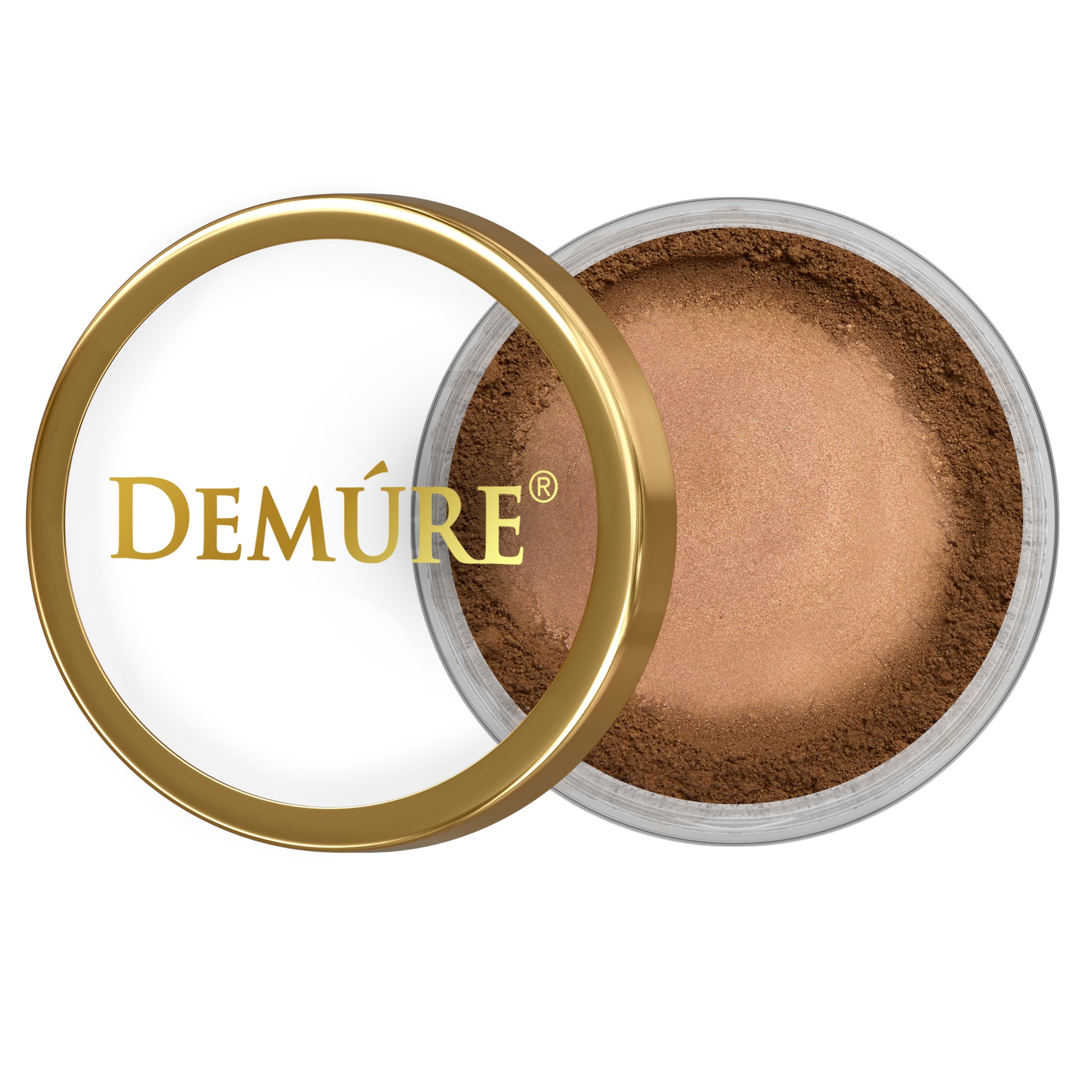 Open container of Demure Brown Liner eye color with a  gold lid 