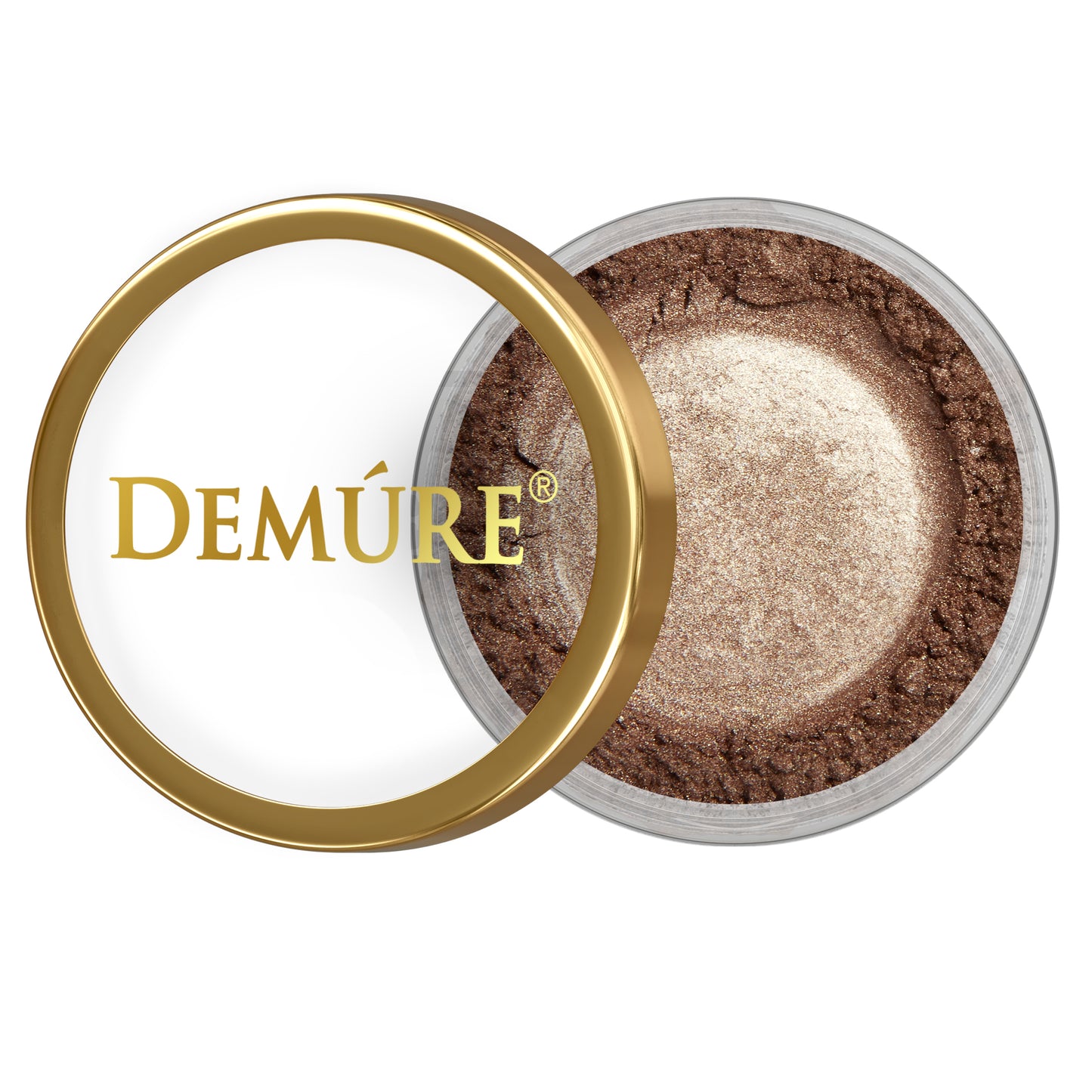 Open container of Demure Brownstone Sparkle eye color with gold lid on a white background