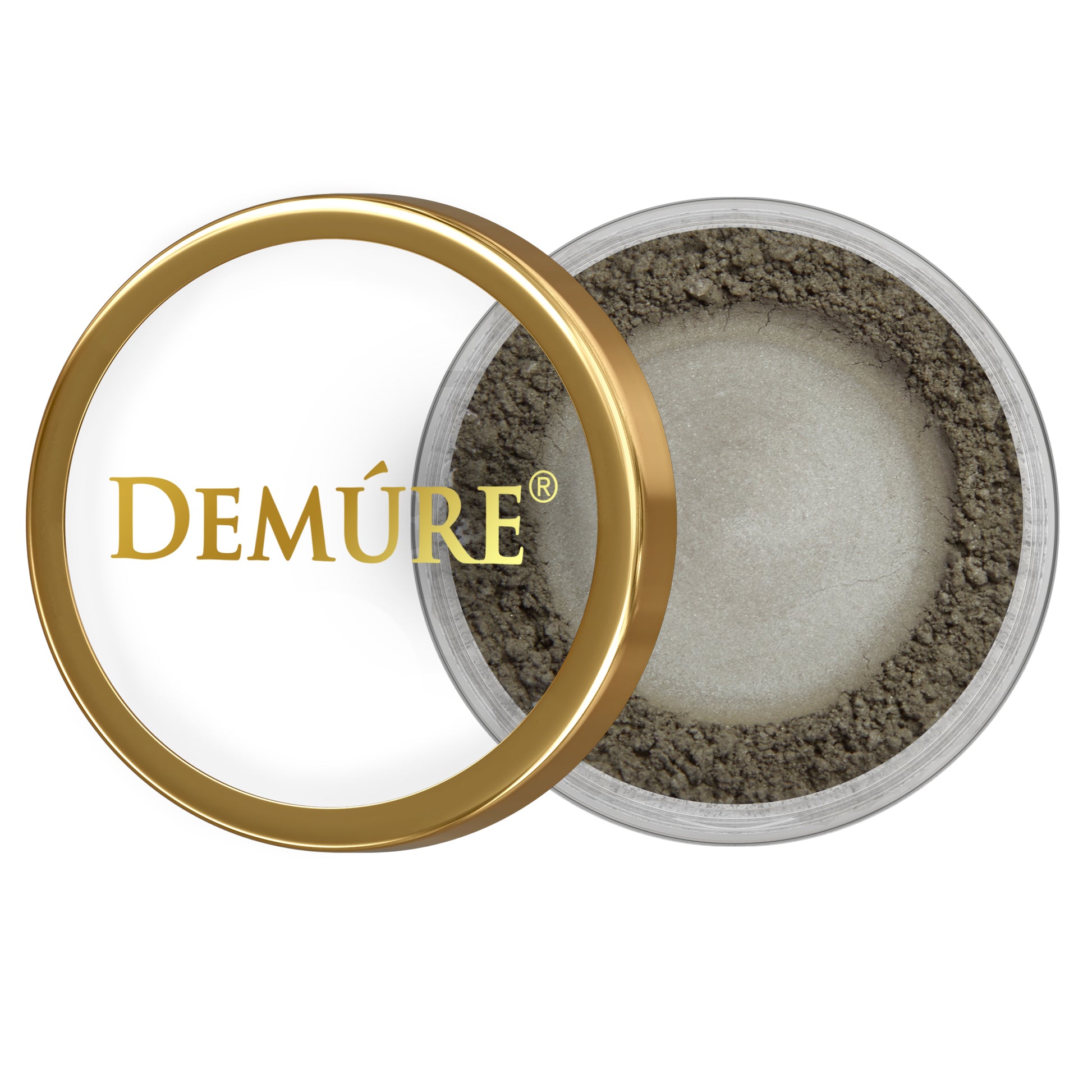 Open container of Demure Charcoal eye color with a gold lid