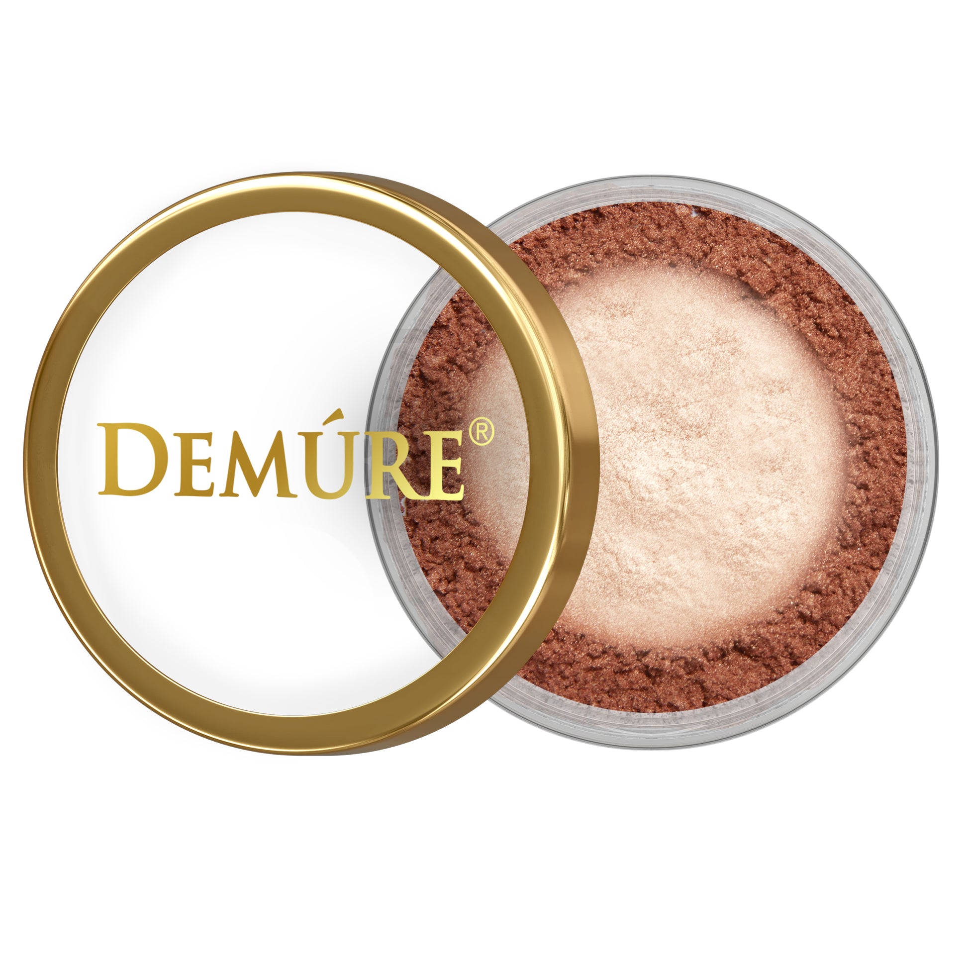 Open container of Demure Chocolate Frost eye color with gold lid on a white background