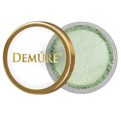 Jar of Demure Coastal Sage eye color with the lid off to the side showing the color inside.