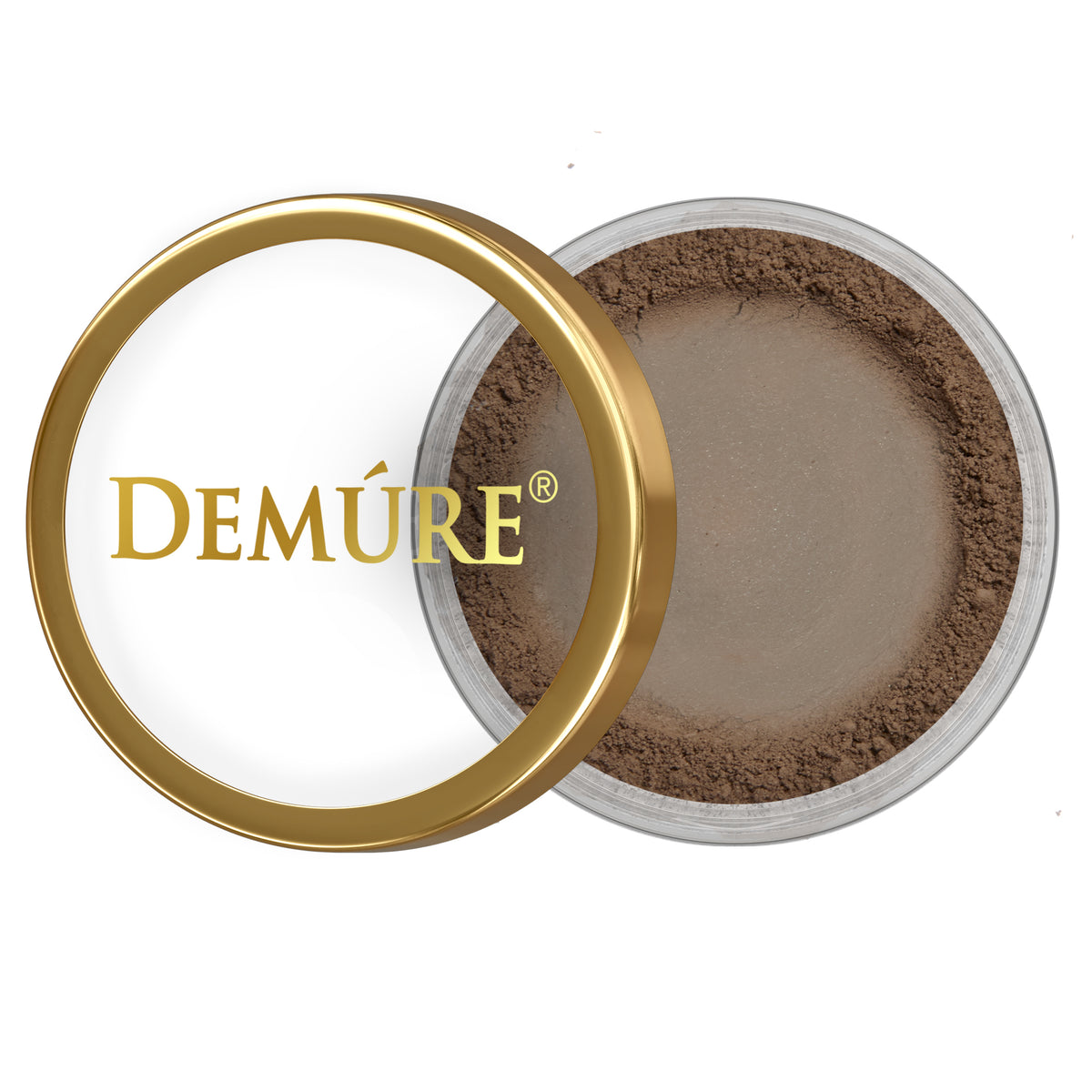Open container of Demure Cool Espresso eye color with gold lid on a white background