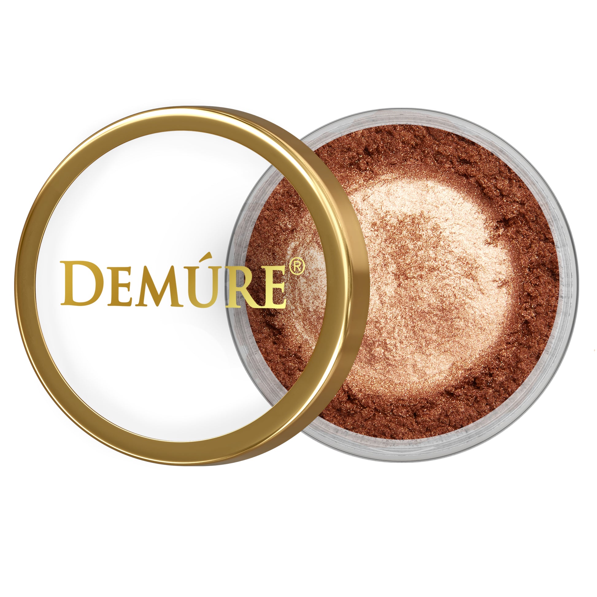 Open container of Demure Hot Pink eye color with gold lid on a white background