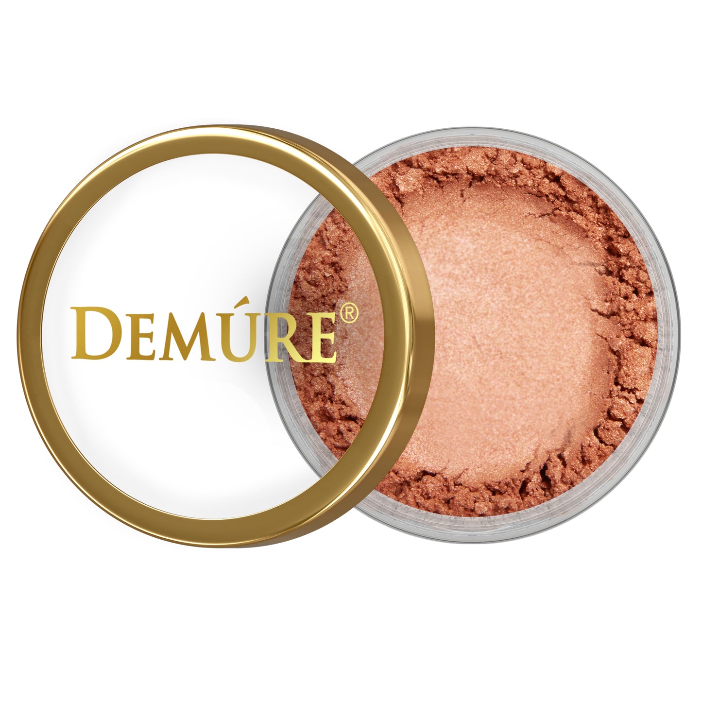 Open container of Demure Coral eye color with a gold lid 