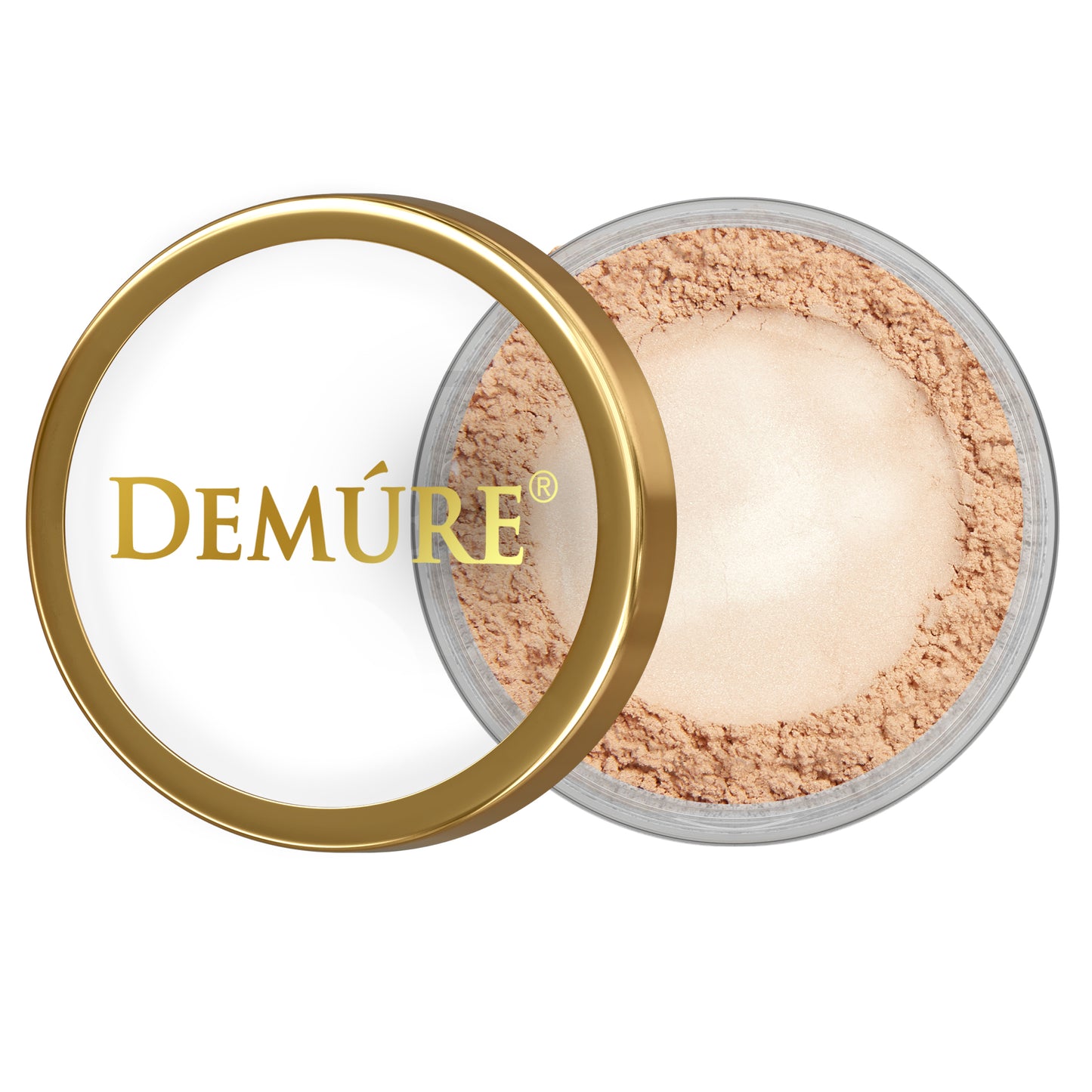 Open container of Demure Desert Sand eye color with a gold lid 