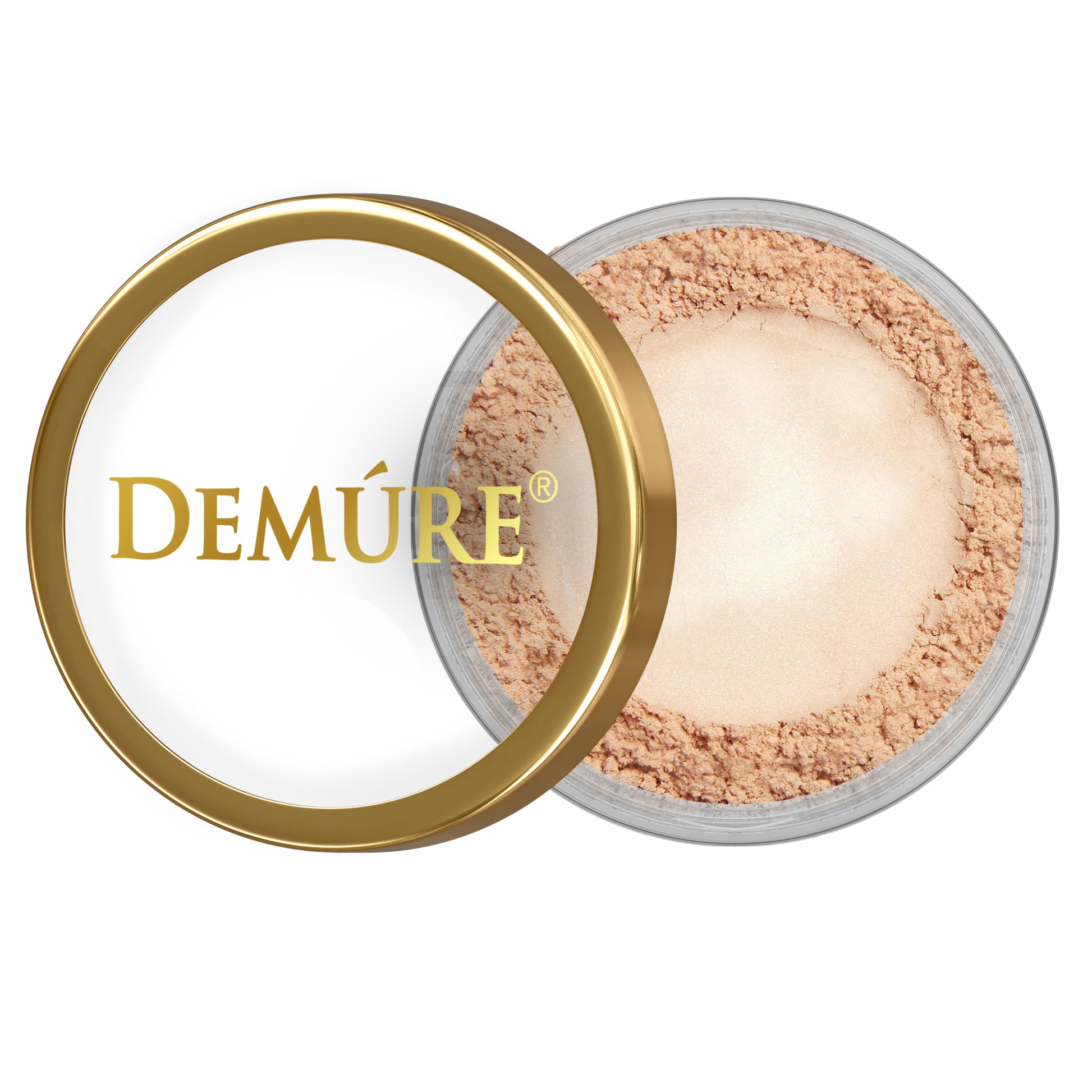 Open container of Demure Desert Sand eye color with a gold lid 