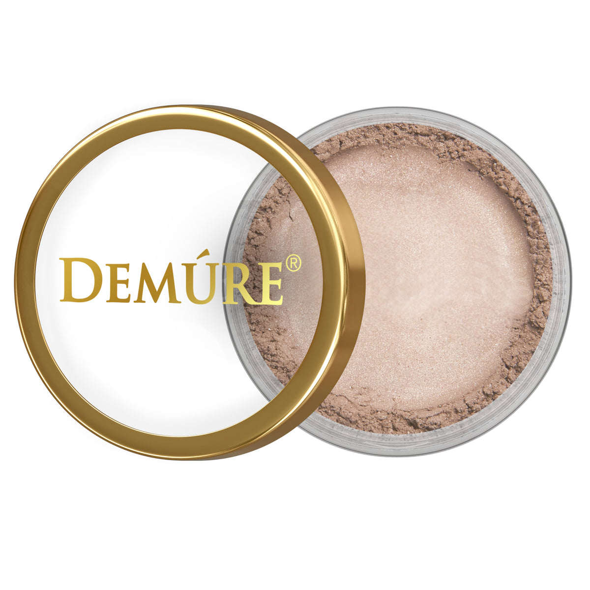 A close-up of a Demure Driftwood eye color, showing the open clear jar filled with shimmering light beige-brown powder and the gold-trimmed lid beside it on a white background.