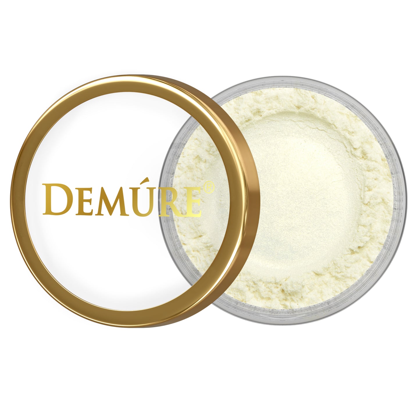 Open container of Demure Gold Sparkle eye color with gold lid on a white background