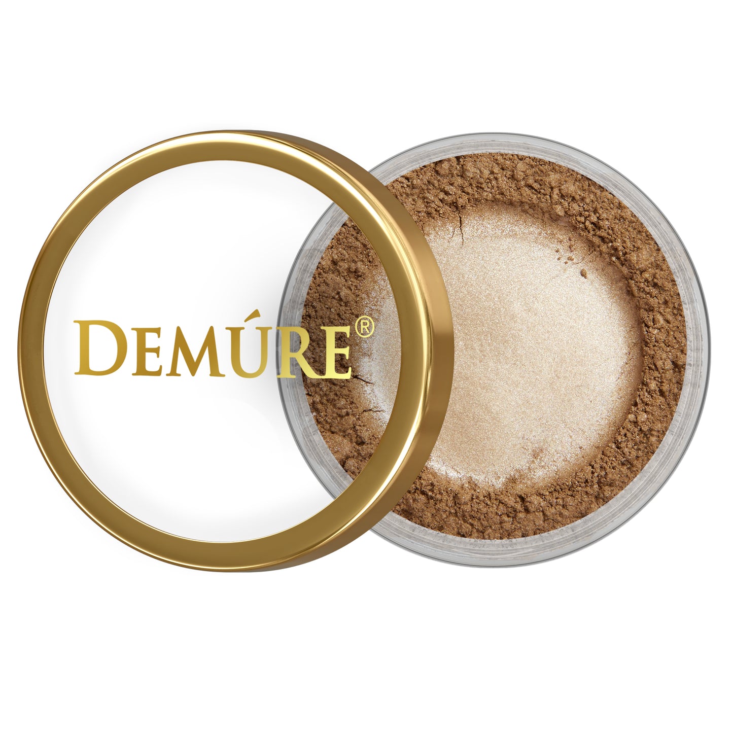 Open container of Demure Golden Brown eye color with gold lid on a white background