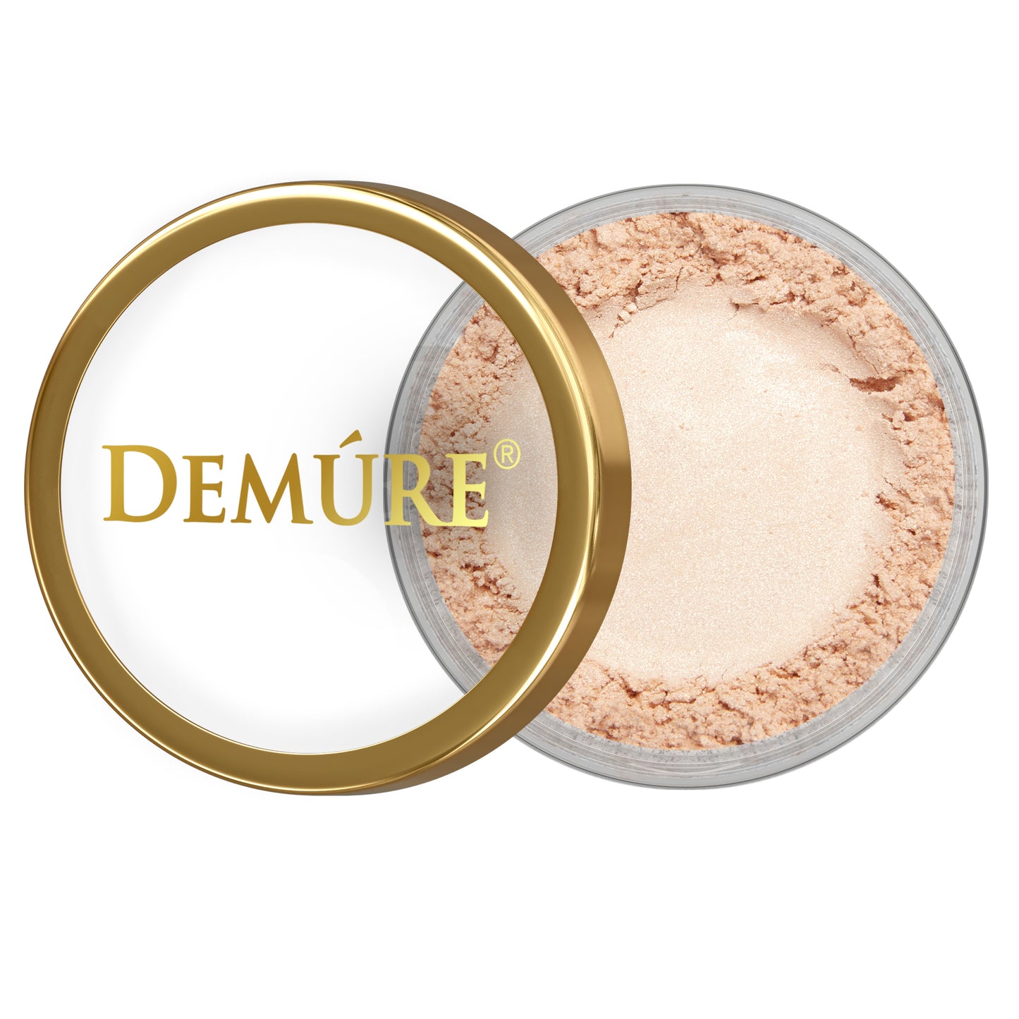 Open container of Demure Golden Sand eye color with gold lid on a white background