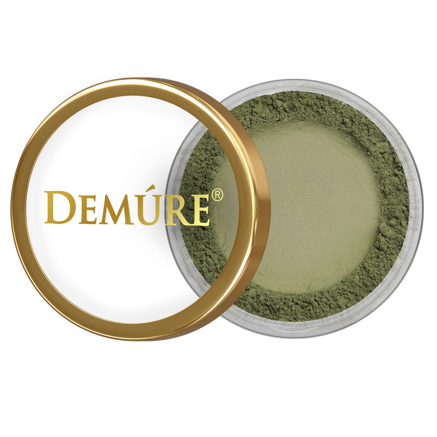 Open container of Demure Green Khaki eye color with a gold lid 