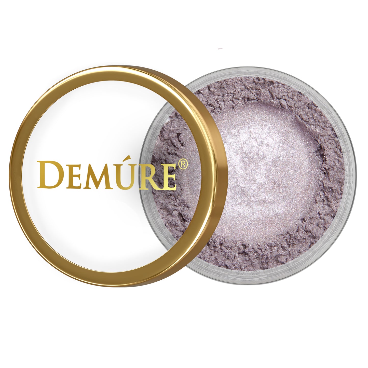 Open container of Demure Lavender Ice eye color with gold lid on a white background