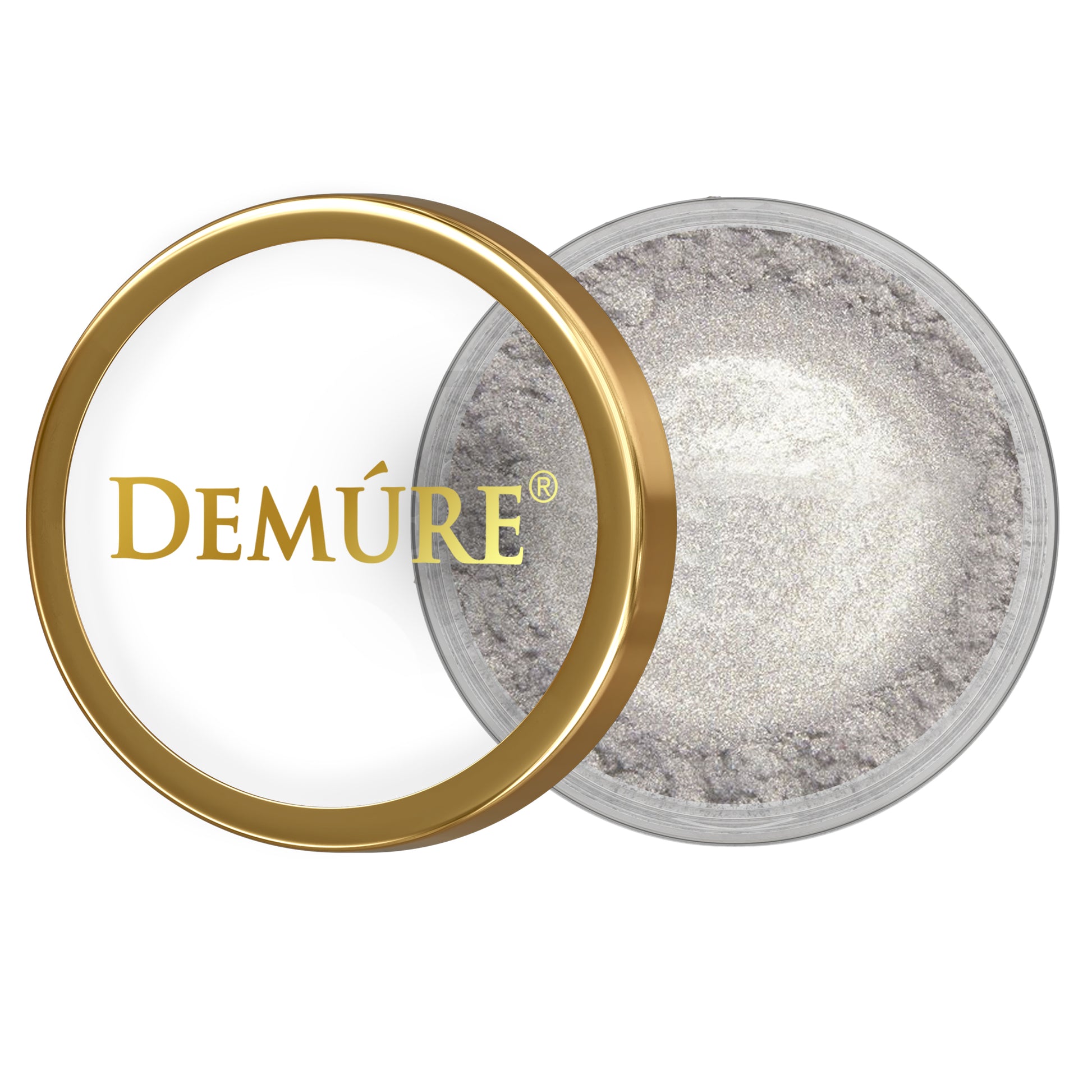 Open container of Demure Limited Edition  Silver eye color with gold lid on a white background