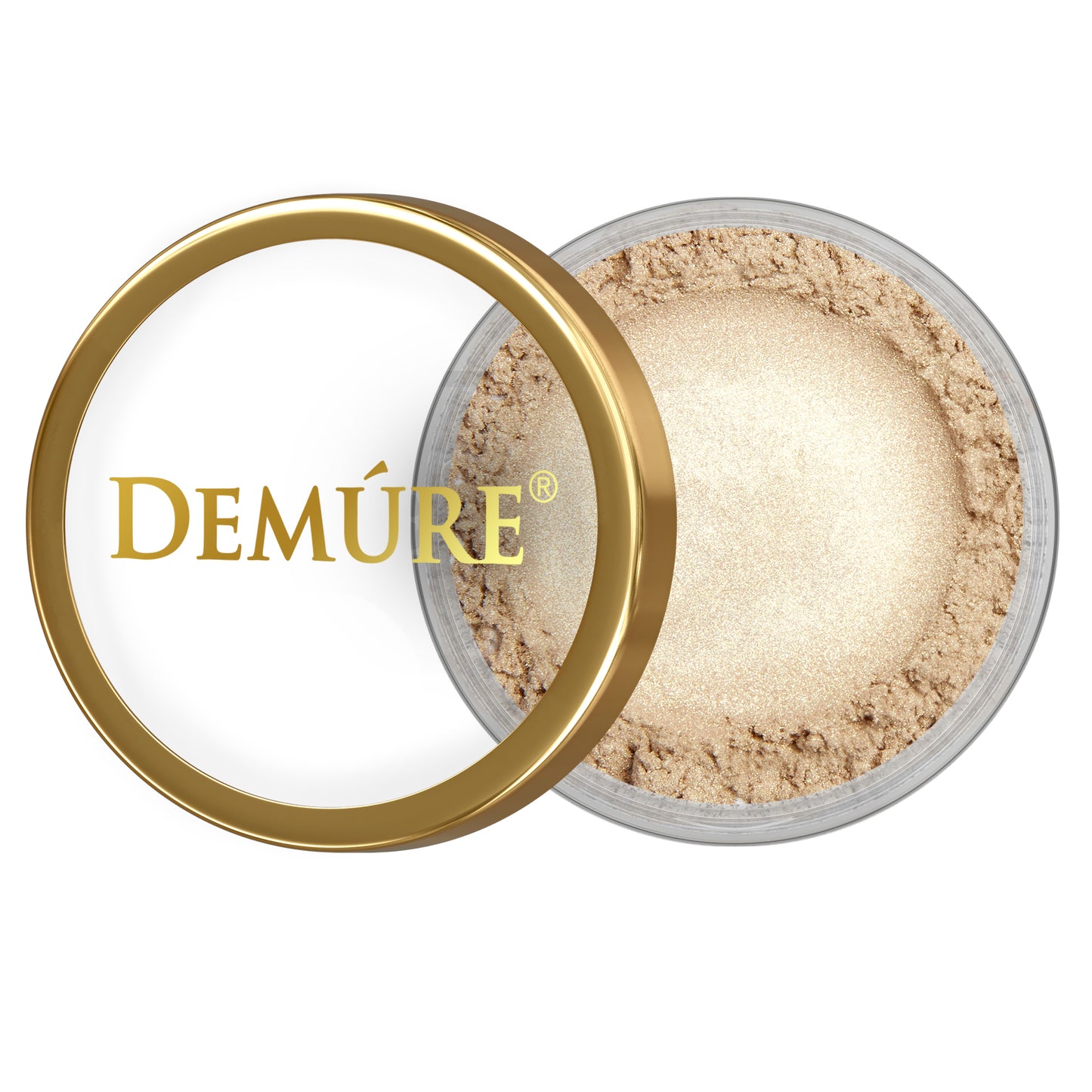 Open container of Demure Limited Edition Silver Gold eye color with gold lid on a white background