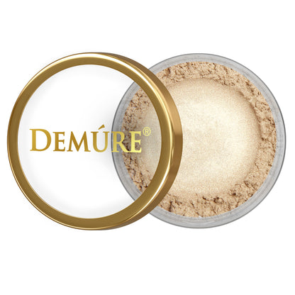 Open container of Demure Limited Edition Silver Gold eye color with gold lid on a white background