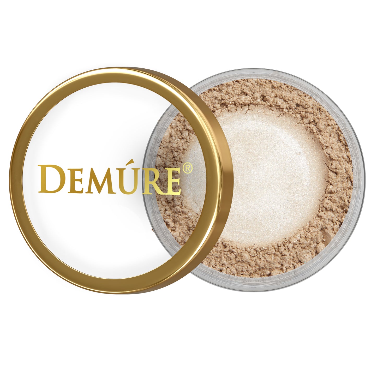 Open container of Demure Mocha Ice eye color with gold lid on a white background