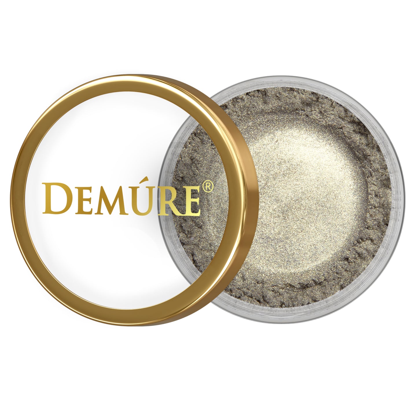 Open container of Demure Moss eye color with gold lid on a white background