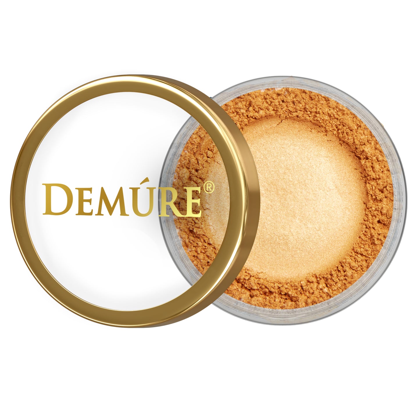 Open container of Demure Orange Sunset eye color with gold lid on a white background