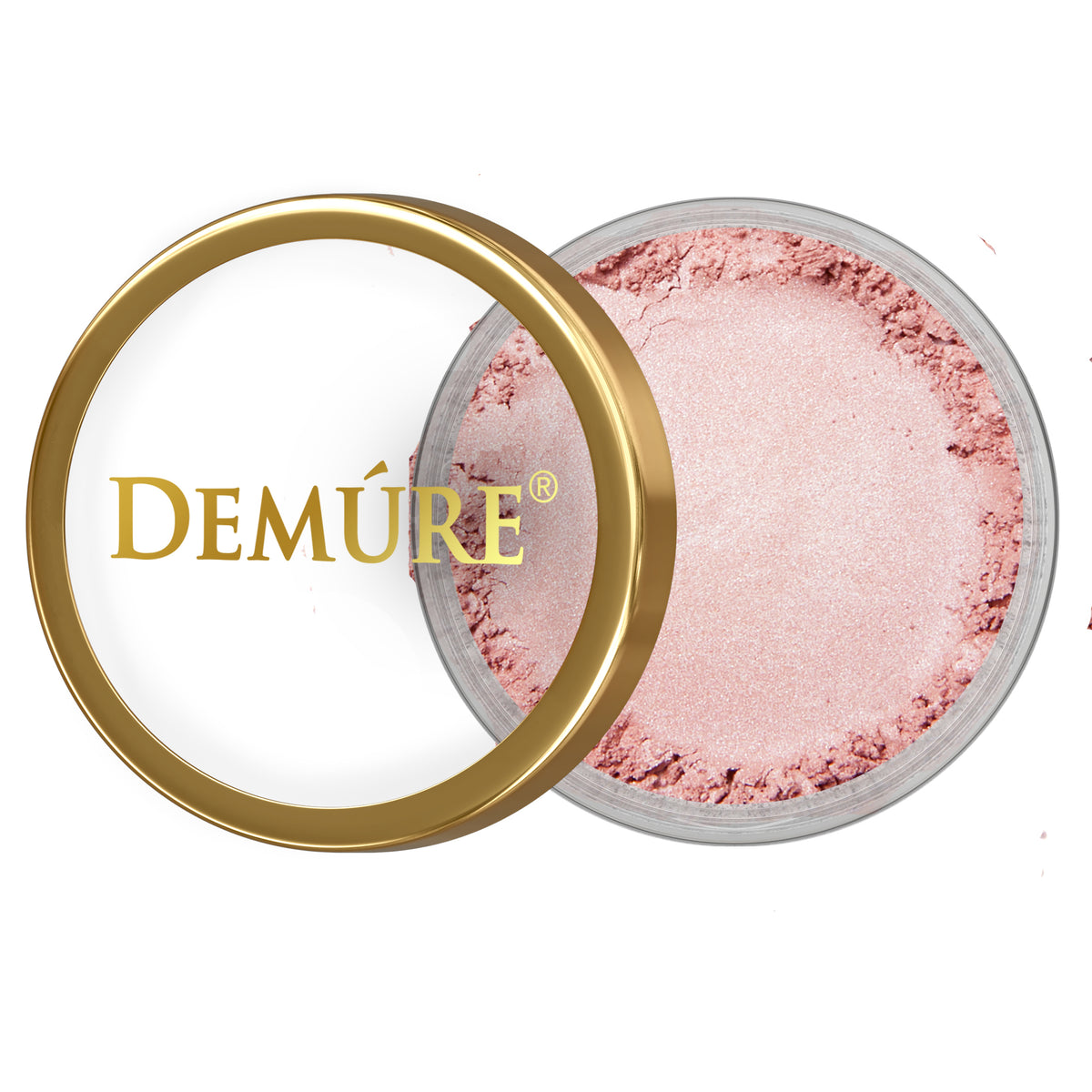 A close-up of a Demure cosmetic jar of Orchid Pink color, in a clear round pot with a gold-toned rim, shown open with the lid beside it on a white background.