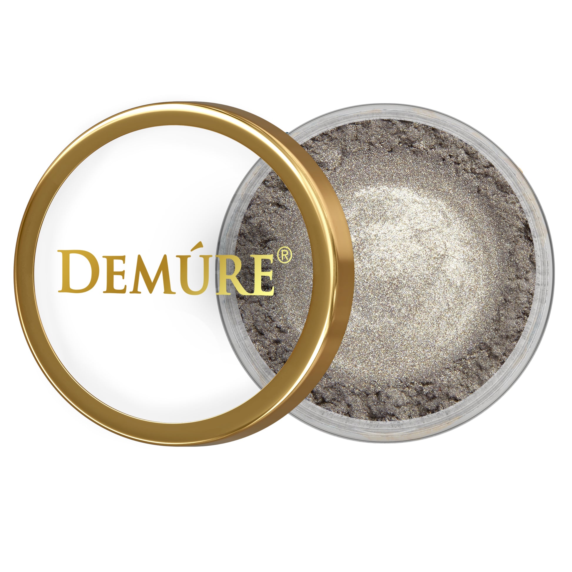 Open container of Demure Pewter eye color with gold lid on a white background