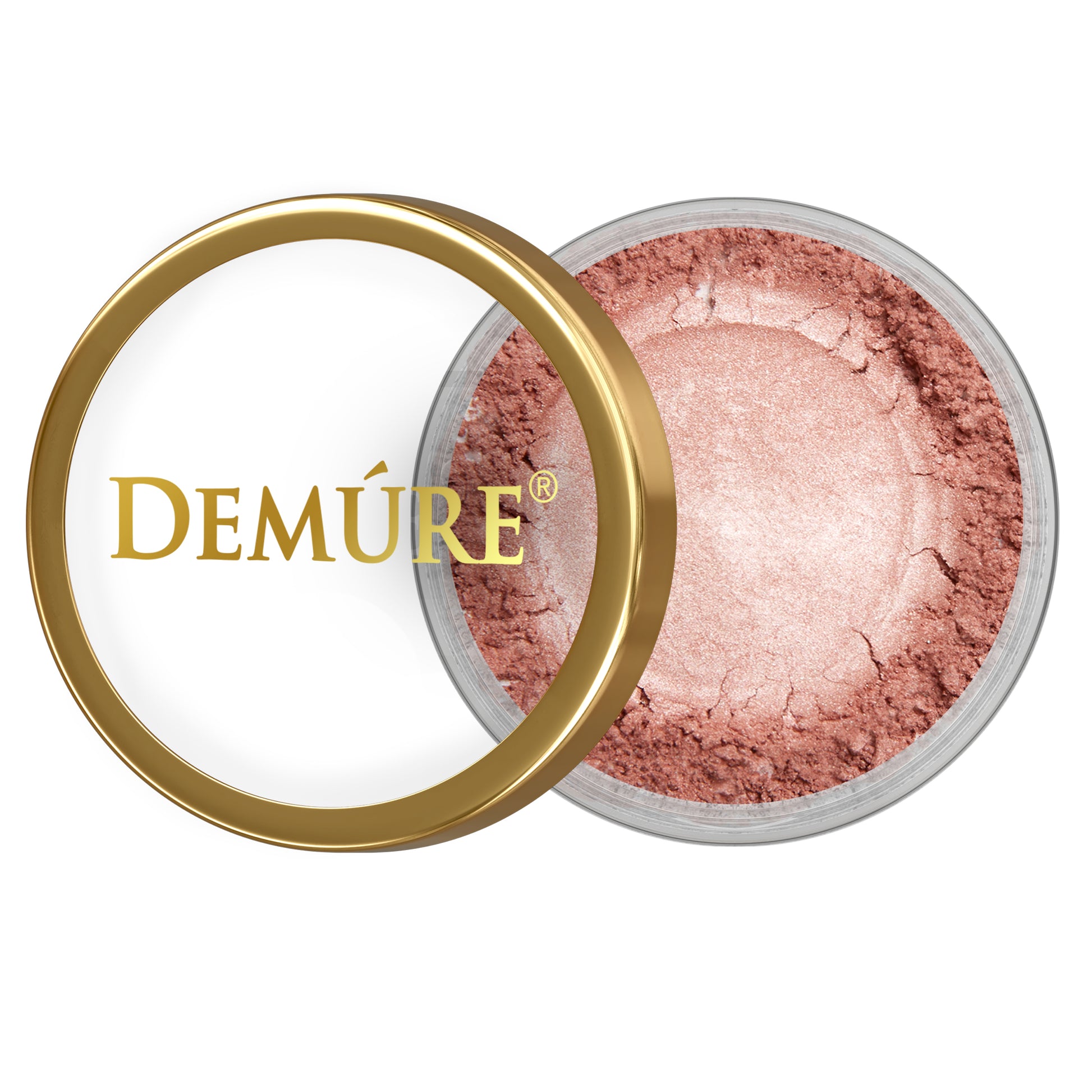 Open container of Demure Pink Suede eye color with gold lid on a white background