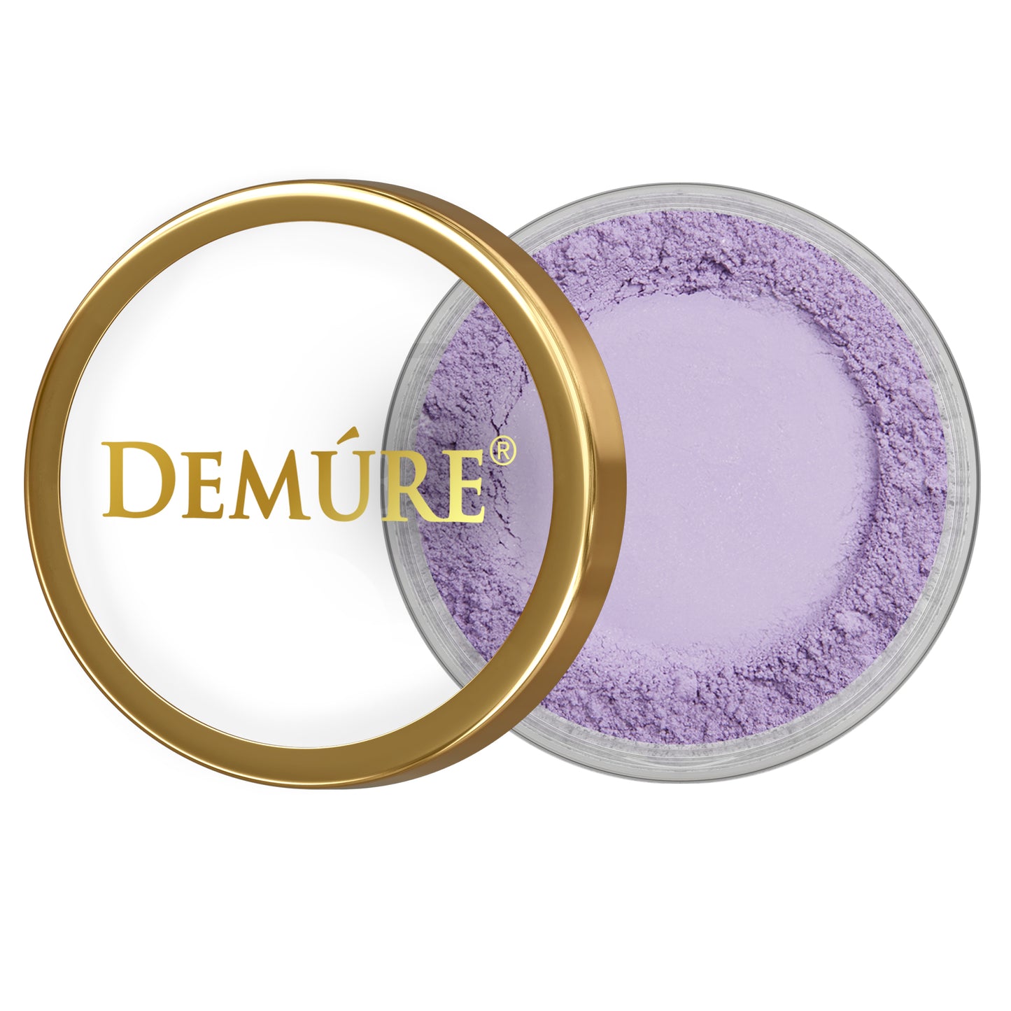 Open container of Demure Purple Crush eye color with a gold lid 