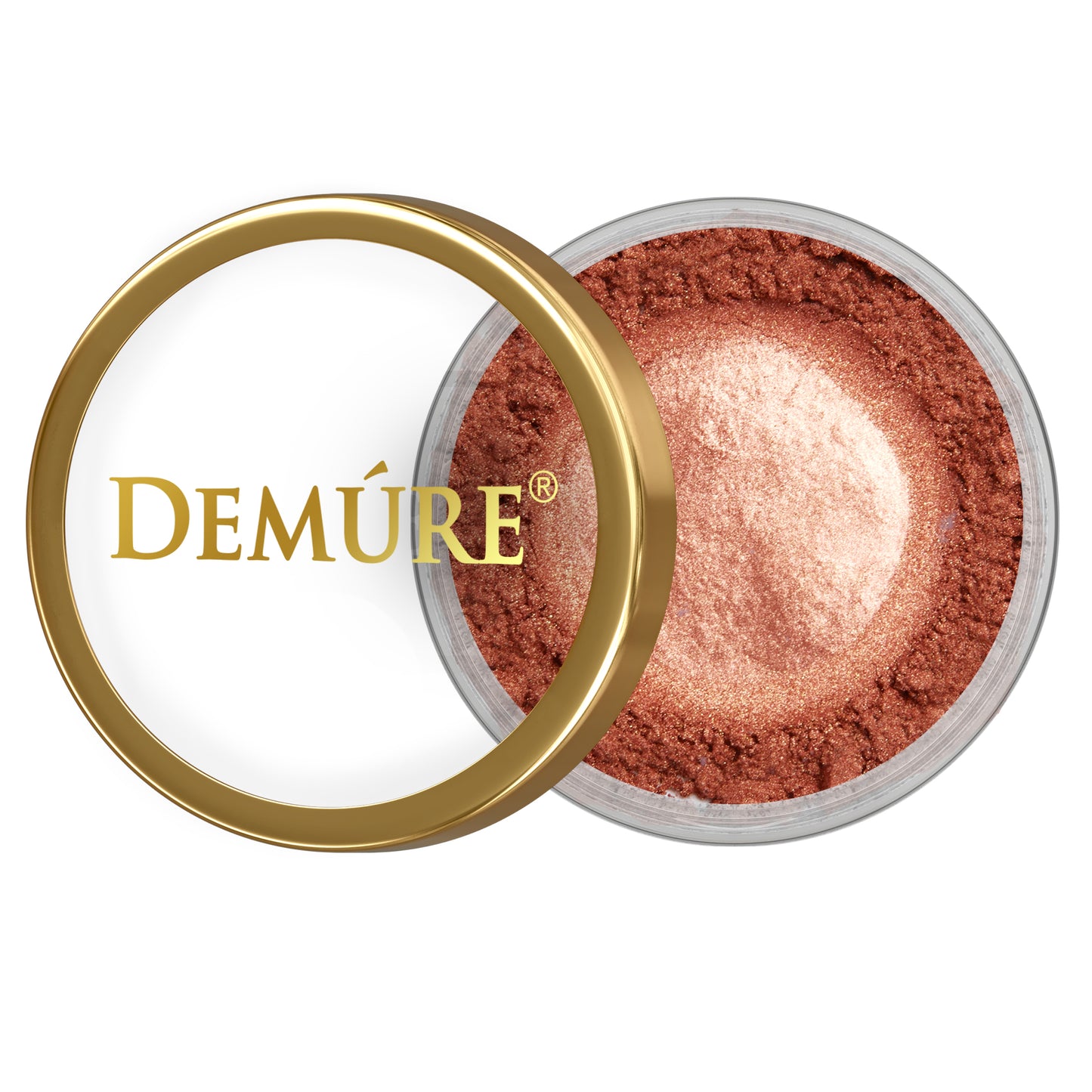 Open container of Demure Sienna eye color with gold lid on a white background
