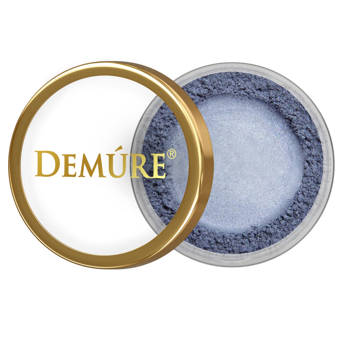 Open container of Demure Smoky Blue eye color with gold lid on a white background