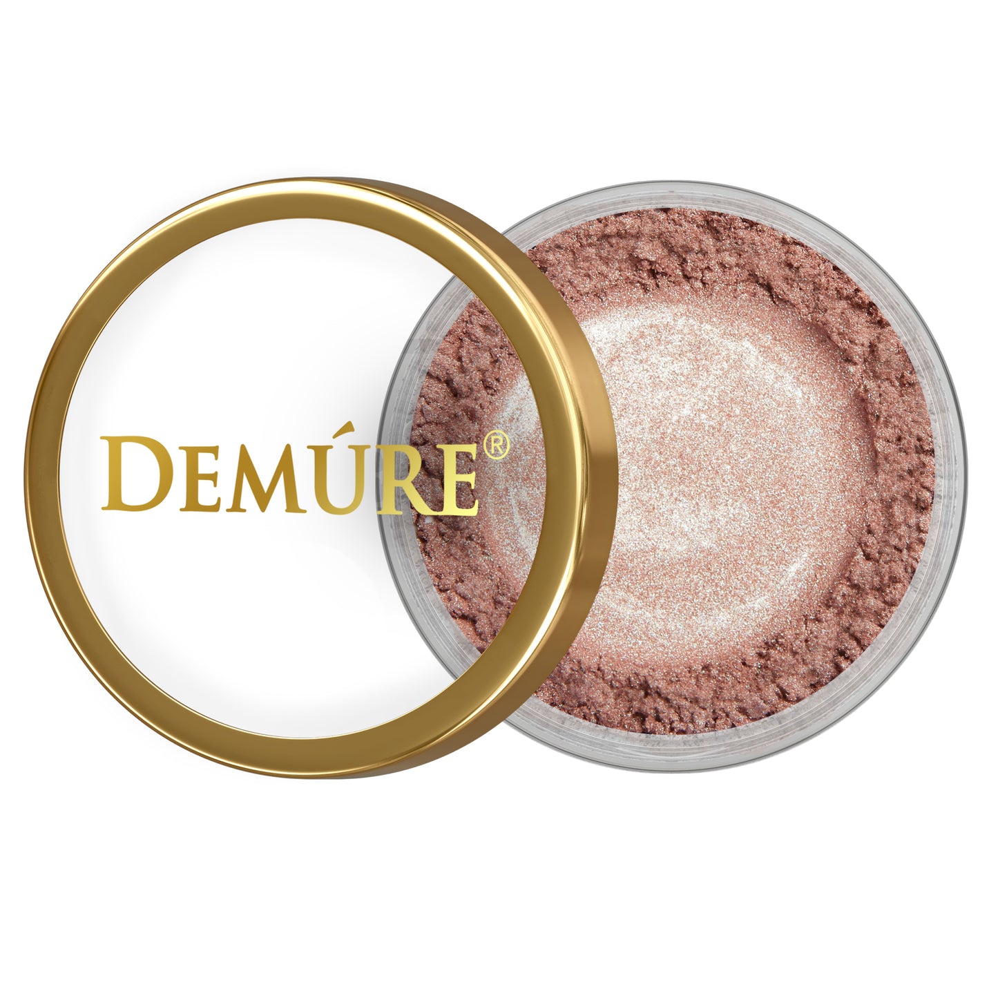 Open container of Demure Spring Fever eye color with gold lid on a white background