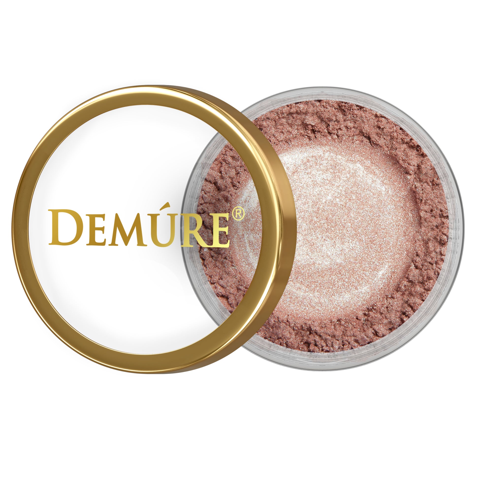 Open container of Demure Spring Fever eye color with gold lid on a white background