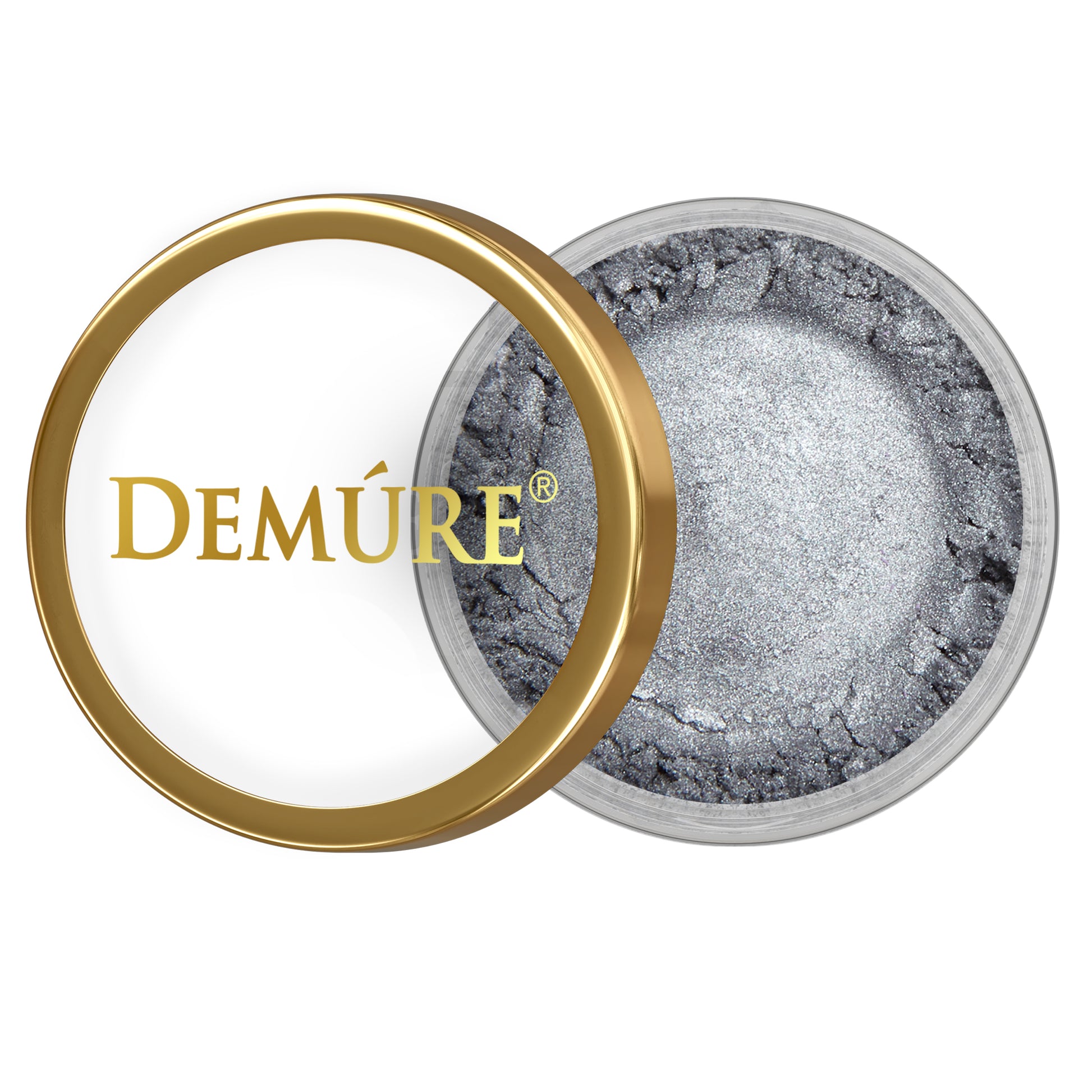 Open container of Demure Sterling eye color with gold lid on a white background