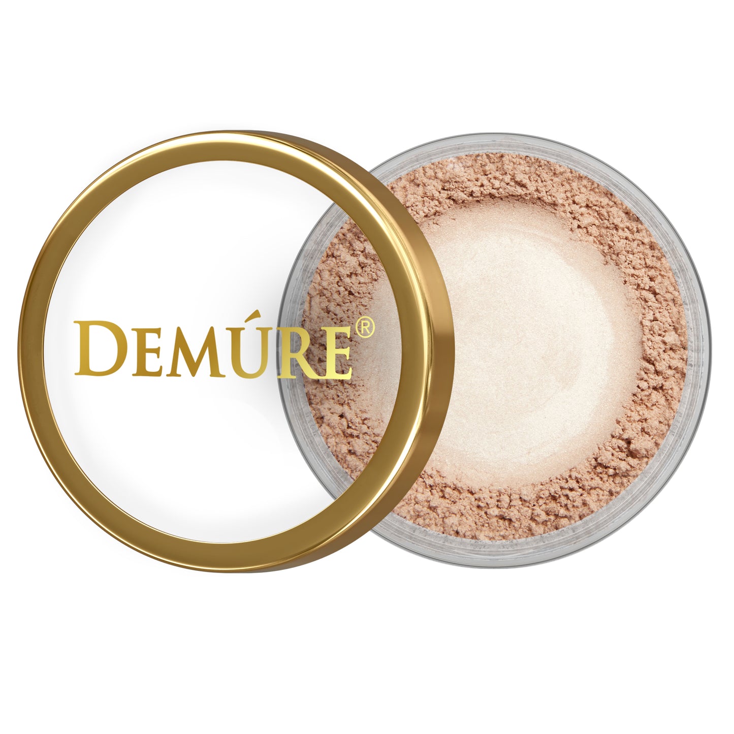 Open container of Demure Taupe eye color with a gold lid 
