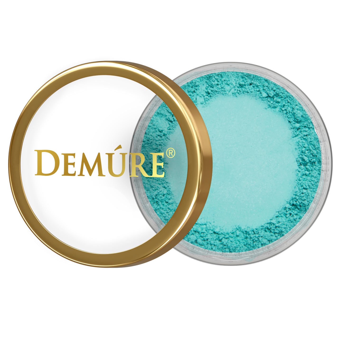 Open container of Demure Teal eye color with a gold lid 