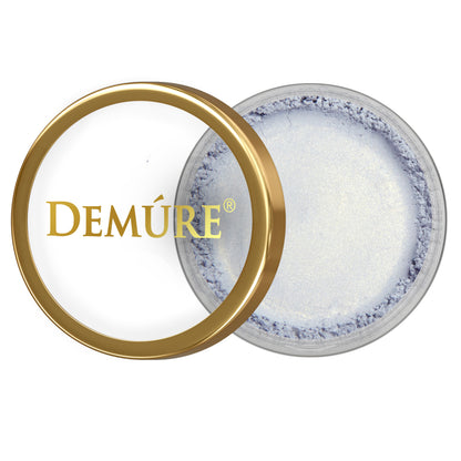 Jar of Demure Washed Denim eye color with the gold lid off to the side