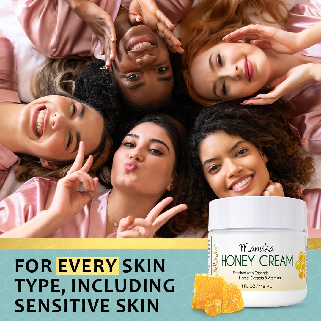 A group of smiling women lying on the floor with a jar of Deluvia Manuka Honey Cream and honey comb in the foreground