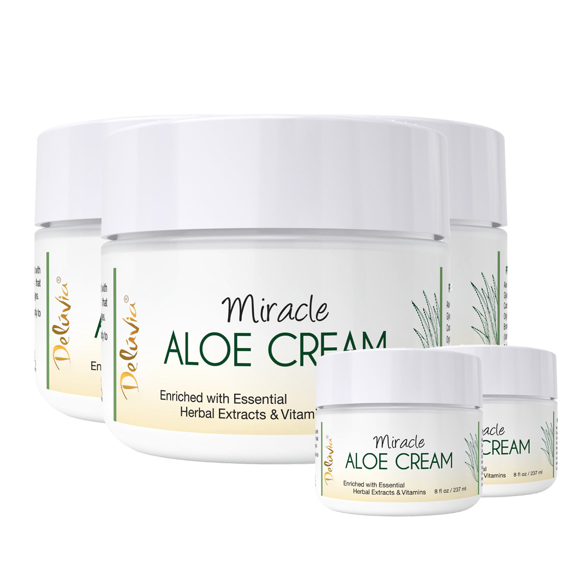Three jars of Deluvia Miracle Aloe Cream and two small jars of cream