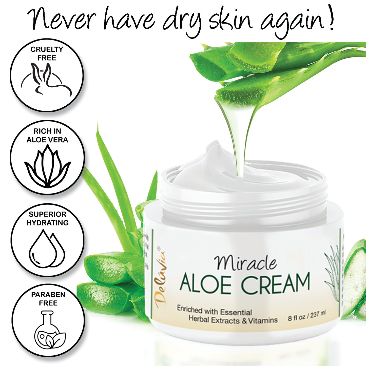 An open jar of Deluvia Miracle Aloe Cream with Aloe juice dripping into it from a stem, with key product features listed