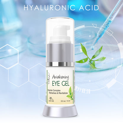 A bottle of Deluvia Awakening Eye Gel against a backdrop with an eyedropper, a plant leaf, and an illustration of a chemical molecule