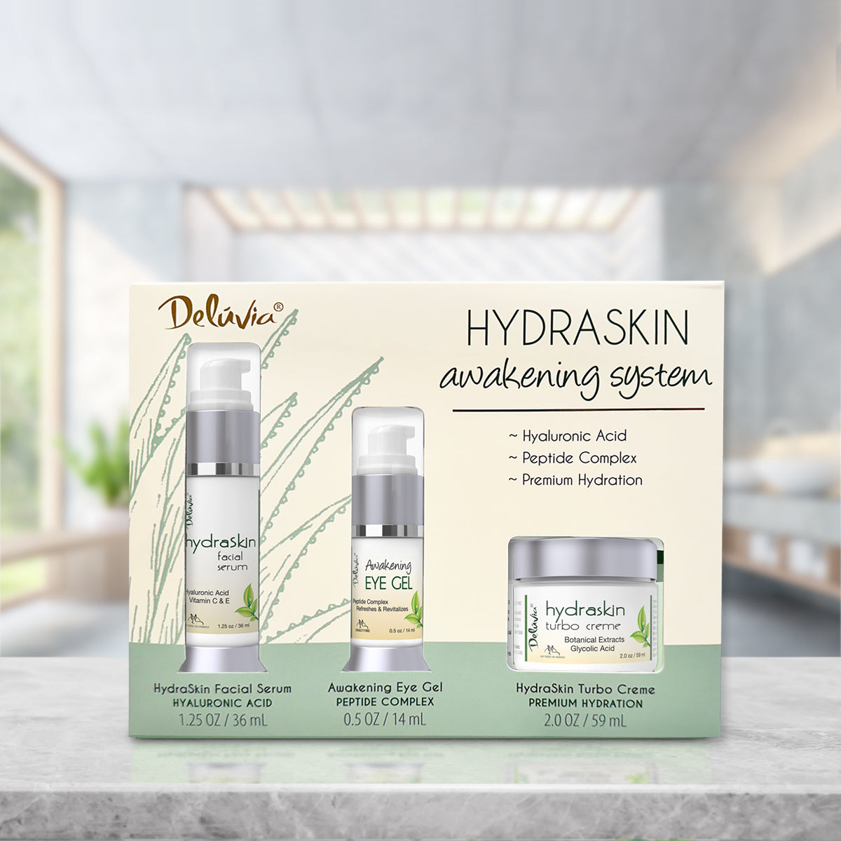 A Deluvia HydraSkin Awakening Anti-Aging System on a marble counter