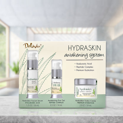 A Deluvia HydraSkin Awakening Anti-Aging System on a marble counter