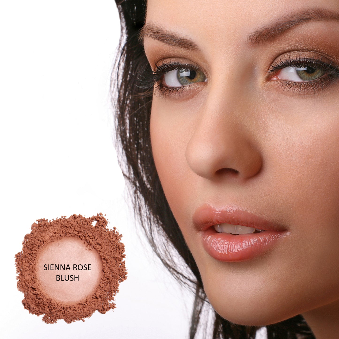 Close-up of a woman's face with Demure Sienna Rose Blush color swatch on a white background