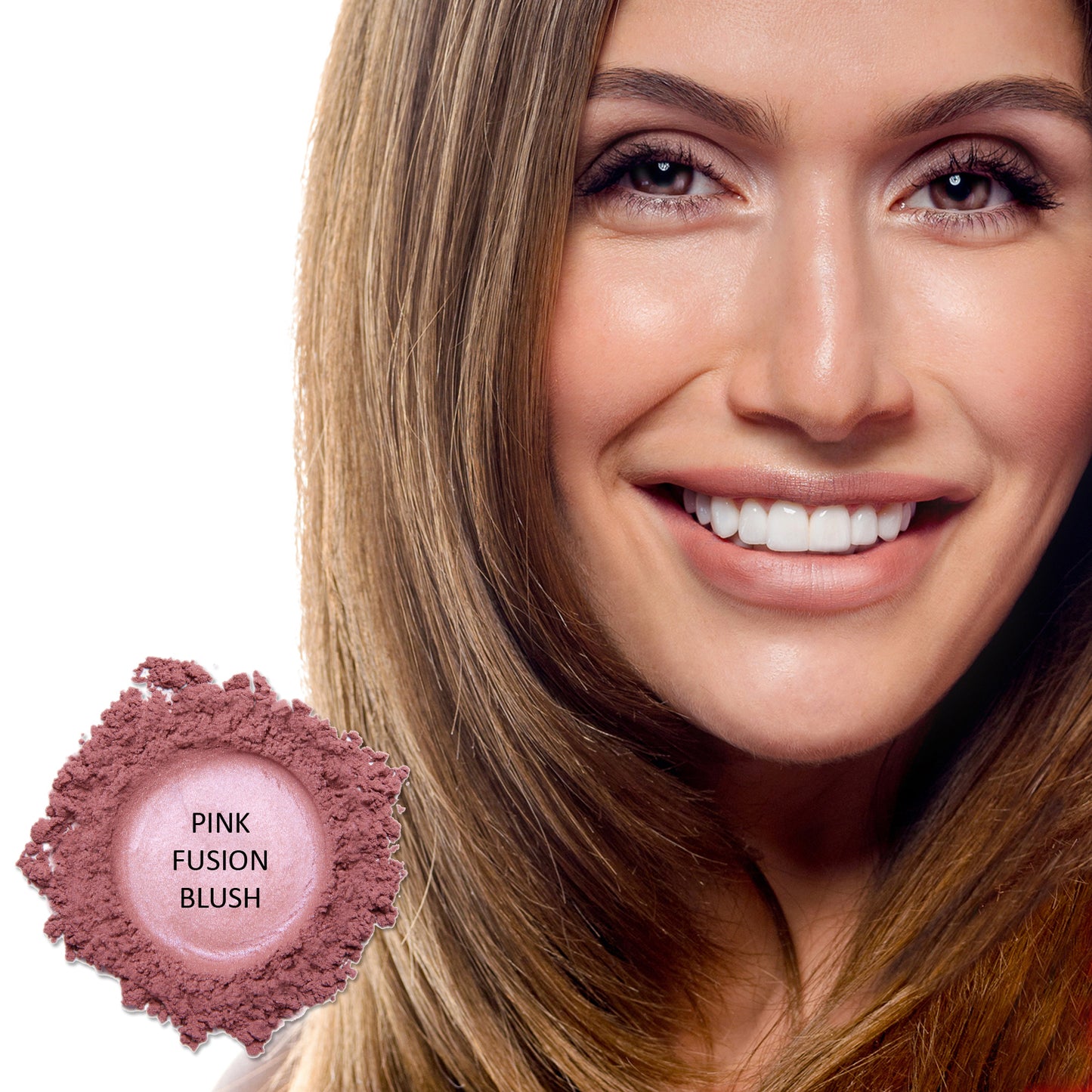 A woman wearing blush with a swatch of Demure Pink Fusion Blush in the corner of the image